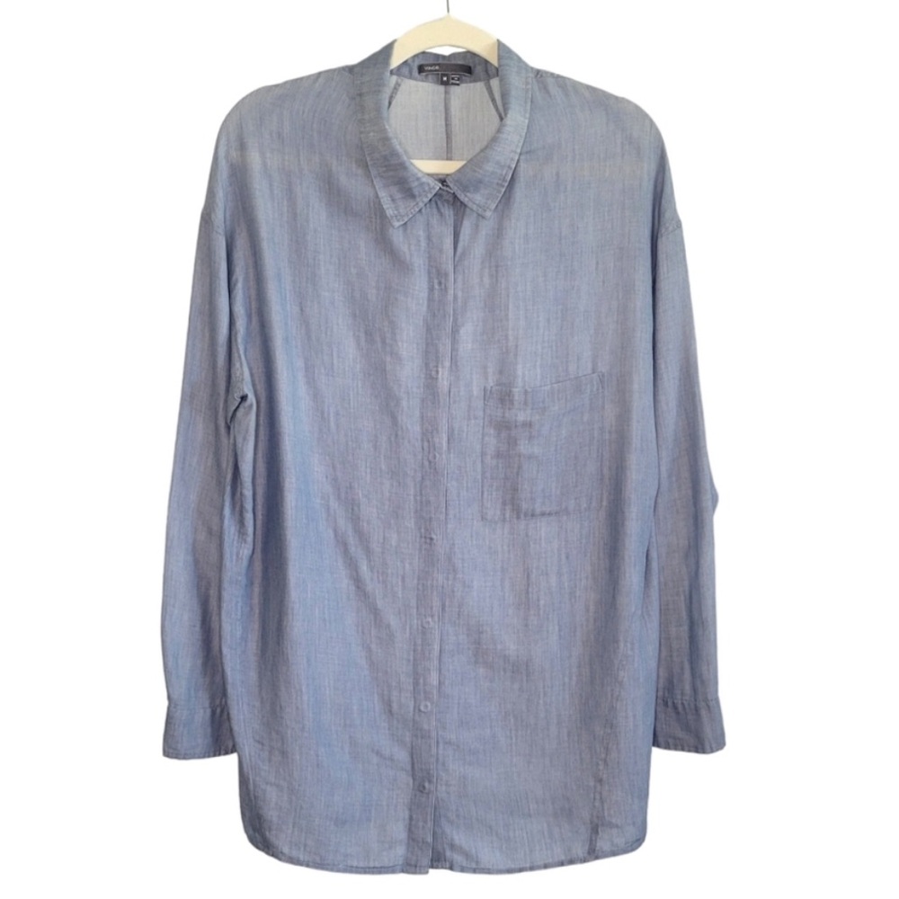 Vince Cotton Wool Blend Chambray Snap Button Shirt Relaxed Oversized Size XS